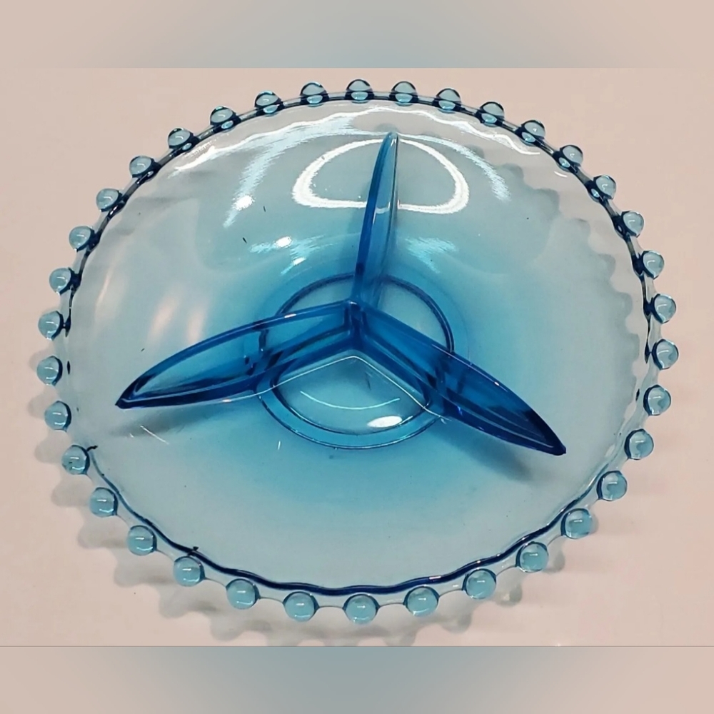 Josef Inwald Glass Boule Divided Relish Dish Vintage 30s-40s Blue Art Deco Czech